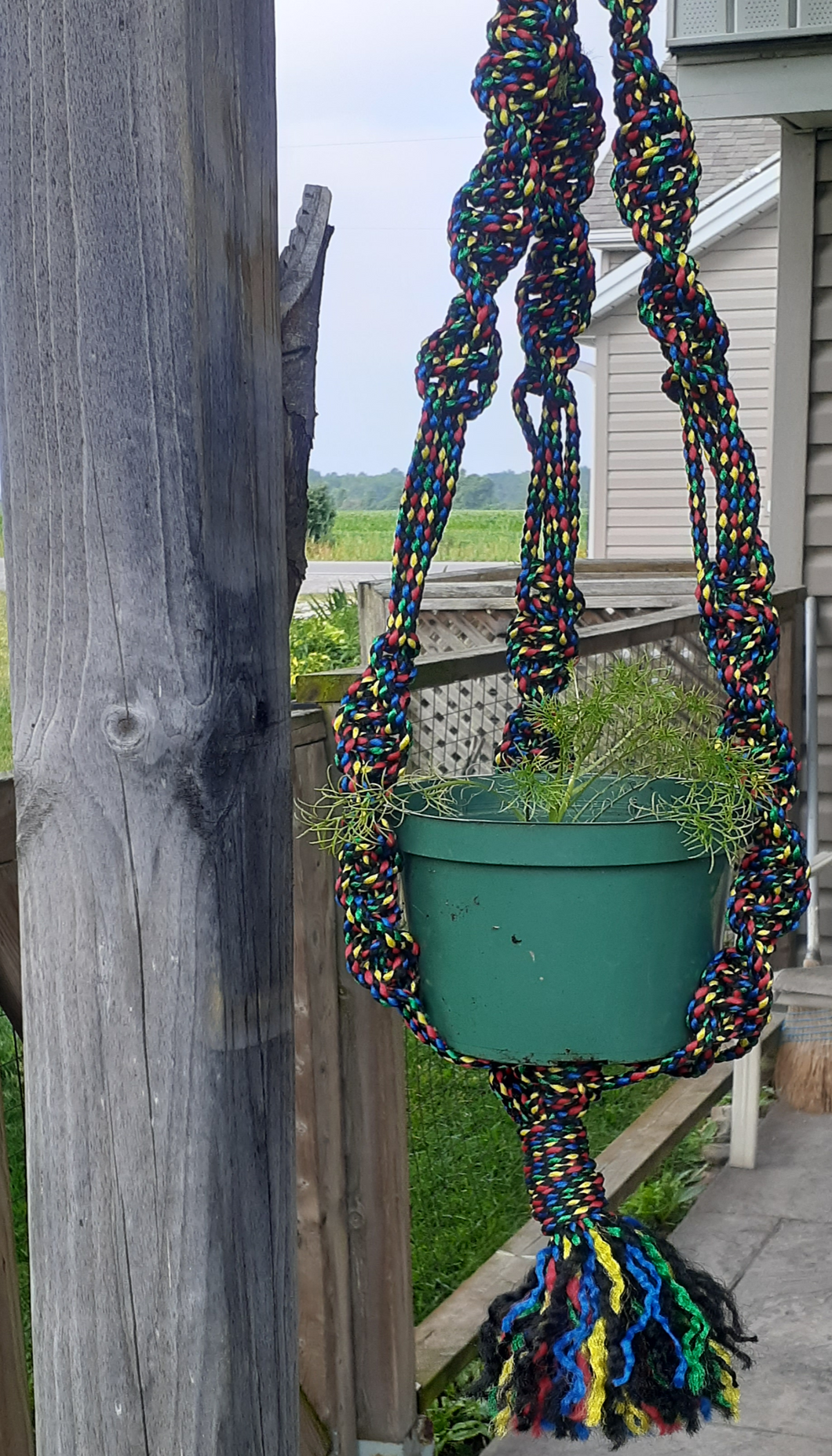 picture shows a macrame plant hangar made with red, green, blue, and yellow cord